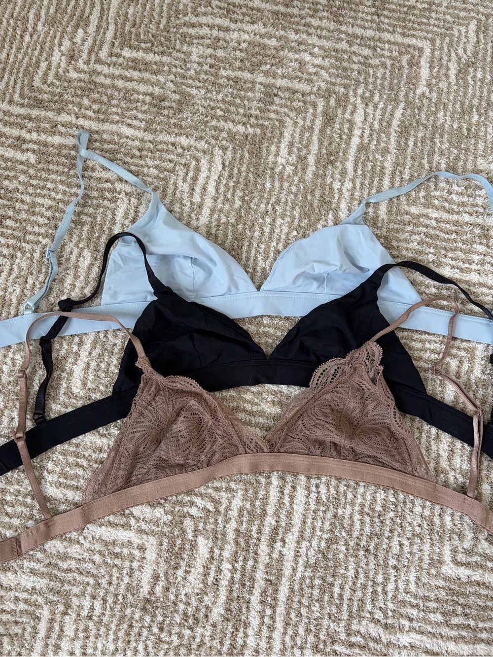 Talula Three-Piece Bralette Set — Light Blue, Black & Brown
